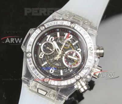 Perfect Replica Hublot Big Bang Diamond Unico Sapphire Bezel White Rubber Strap Swiss 7750 Watch 